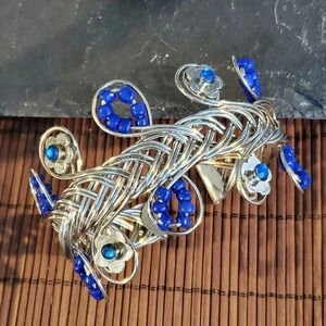Vintage 90s Y2K Blue Silver Beaded Wire Wrap Detail Cuff Bracelet